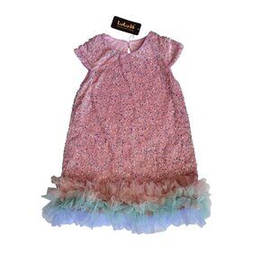Boutique Pink Sequined Girls Party Dress w Multicolor Tulle Hem